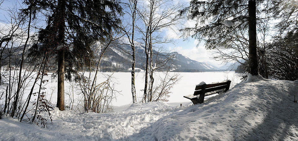 Blick im Winter auf den gefrorenen Hintersee